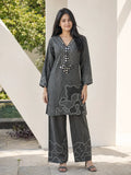 Dark Grey Kurta Set with Abstract Print in Muslin Silk