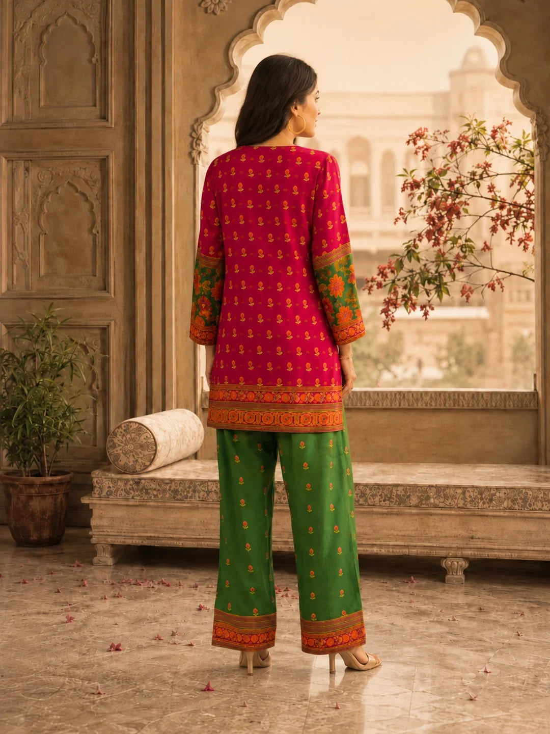 Red & Green Floral Printed Co-ord Set in Muslin