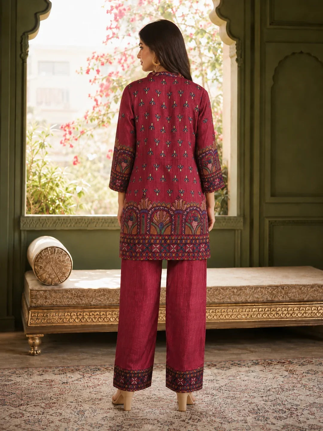Maroon Printed Muslin Co-ord Set with Sequin-Embroidered Yoke & Farsi Pants