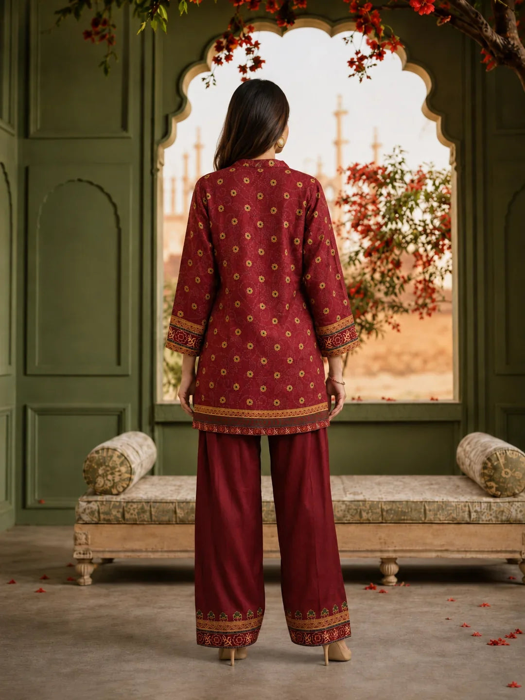 Maroon and Olive Co-ord Set with Sequin Embroidery & Farsi-Style Pants in Muslin