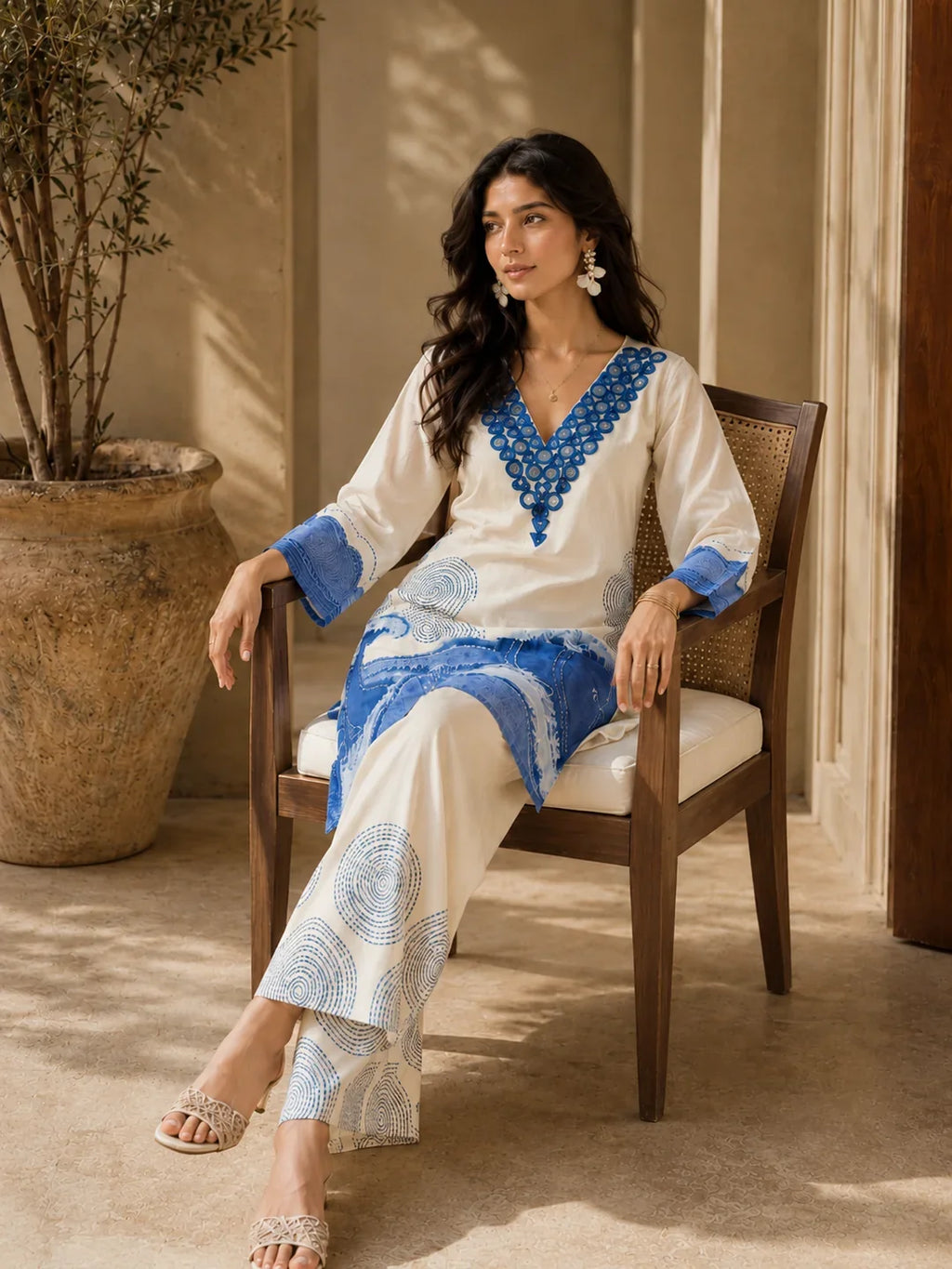 White and Blue Kurta Set with Abstract Denim Print in Muslin Silk