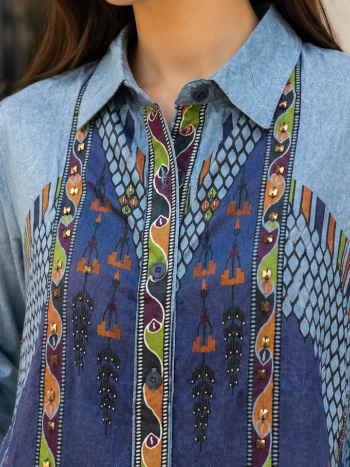 Blue Dual Color Oversized Fit Shirt Printed Co-ord Set in Muslin