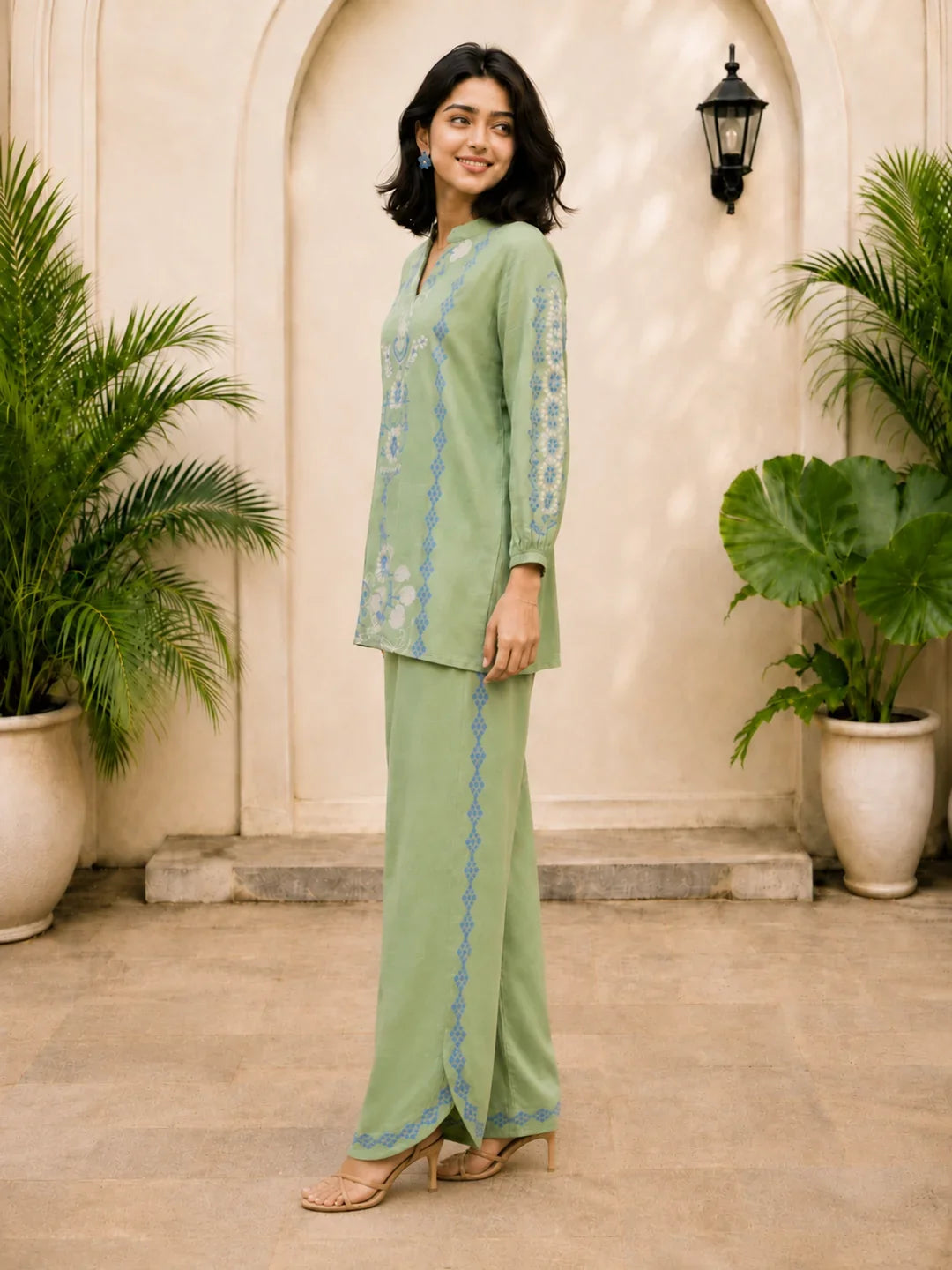 Sage Green Printed Co-ord Set with Beaded Embroidery in Muslin