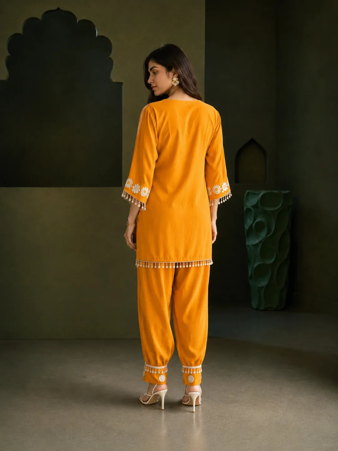 Mustard Mirror Embroidered Co-ord Set in Crepe