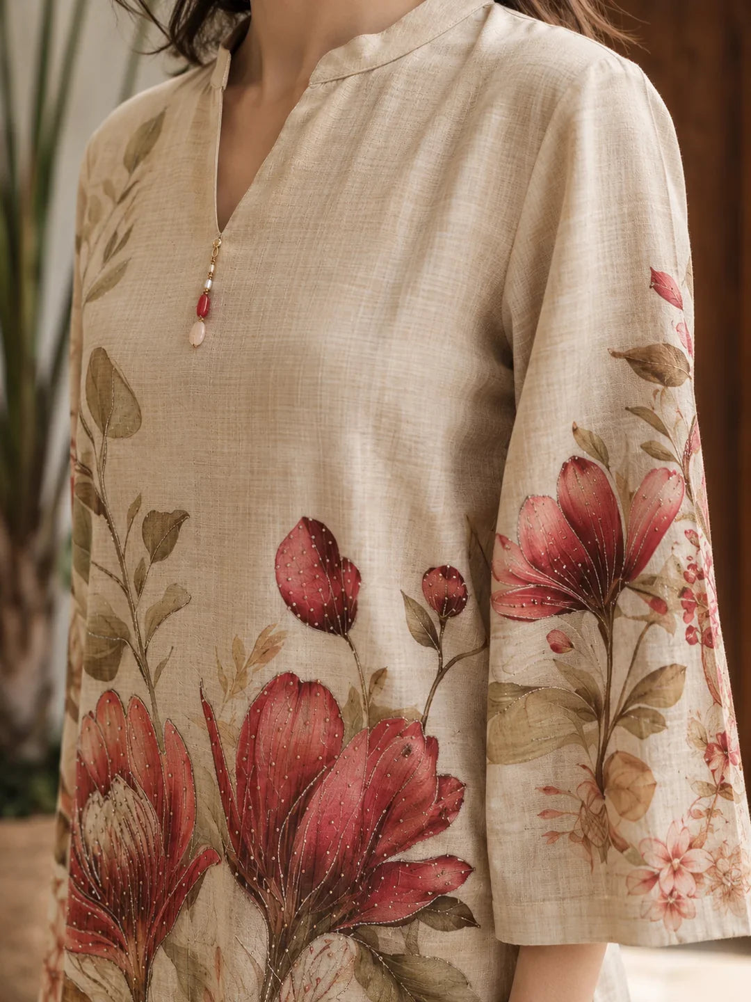 Beige Lily Printed 2-Piece Co-ord Set in Viscose