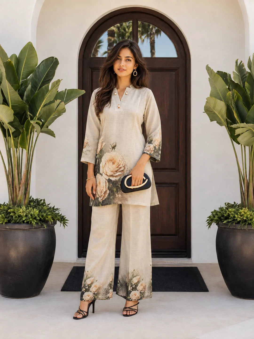Cream Rose Printed Co-ord Set in Viscose
