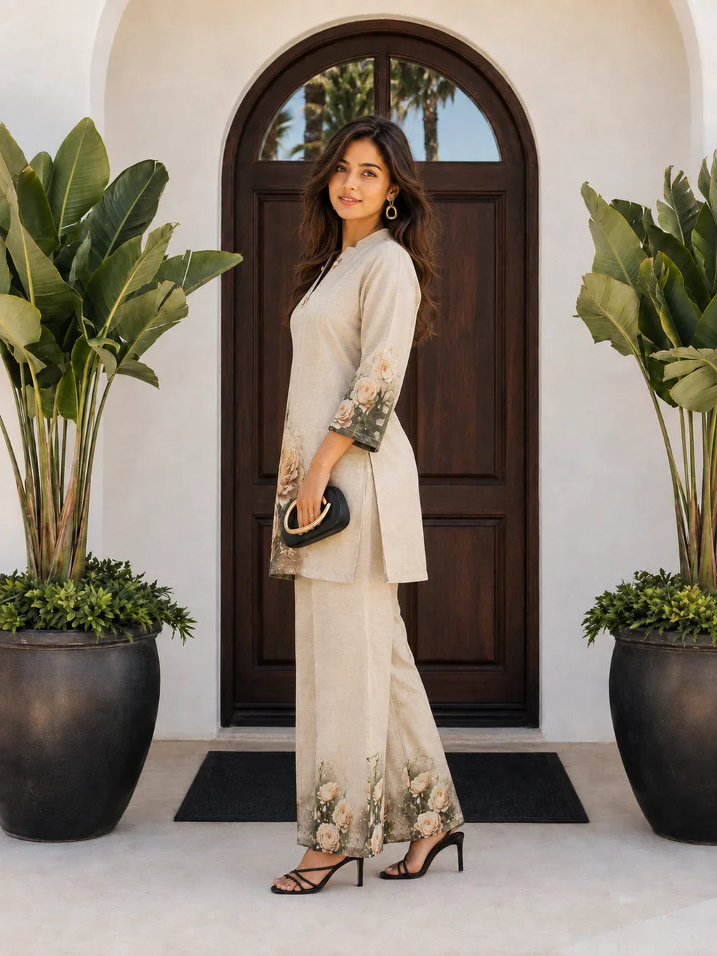 Cream Rose Printed Co-ord Set in Viscose