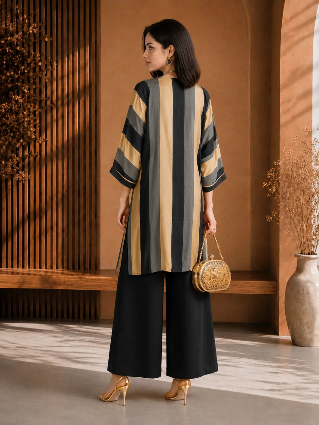 Black & Beige Embroidered Co-ord Set in Crepe