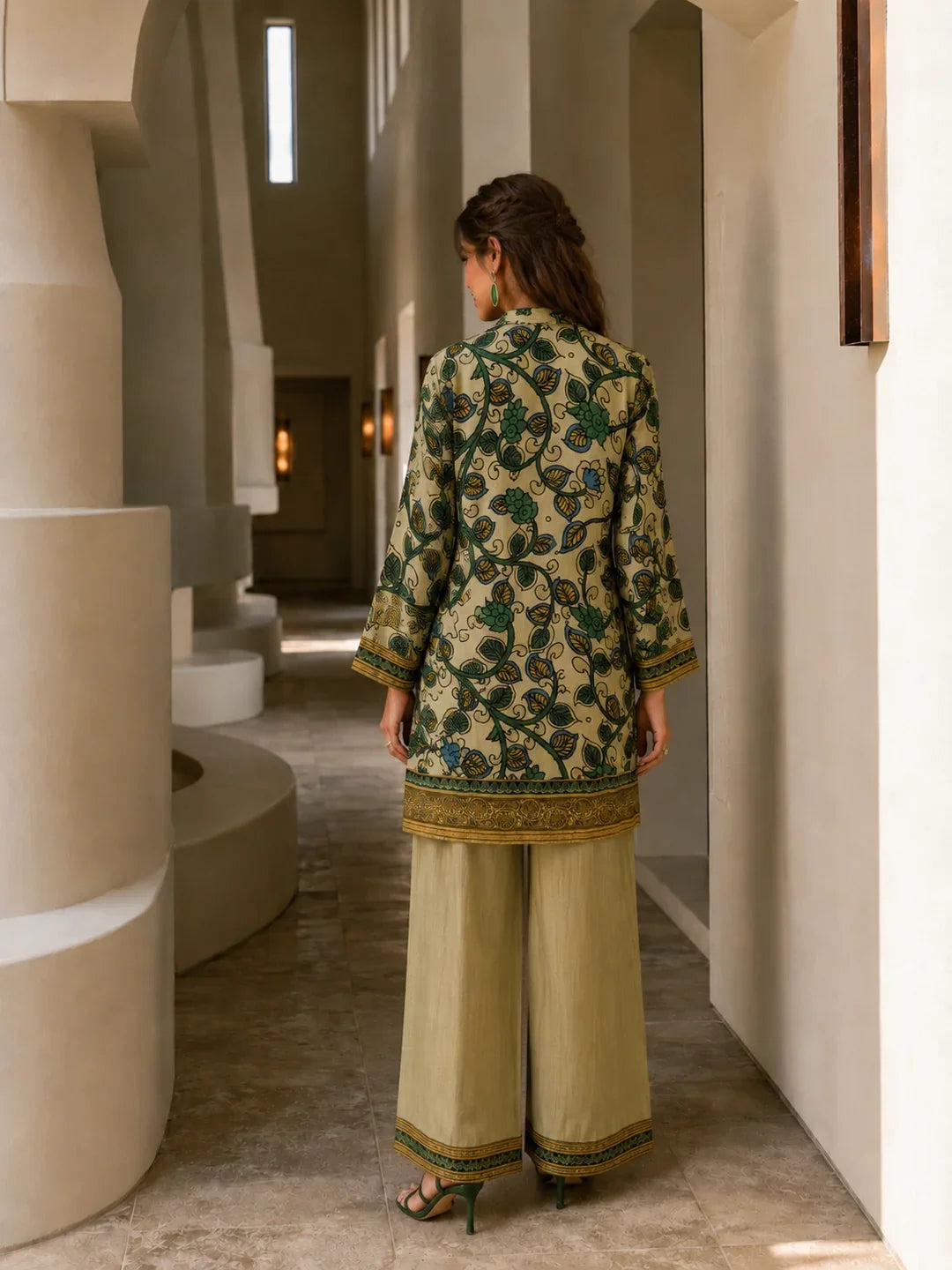 Beige and Green Printed with Sequin Embroidery Co-Ord Set in Muslin