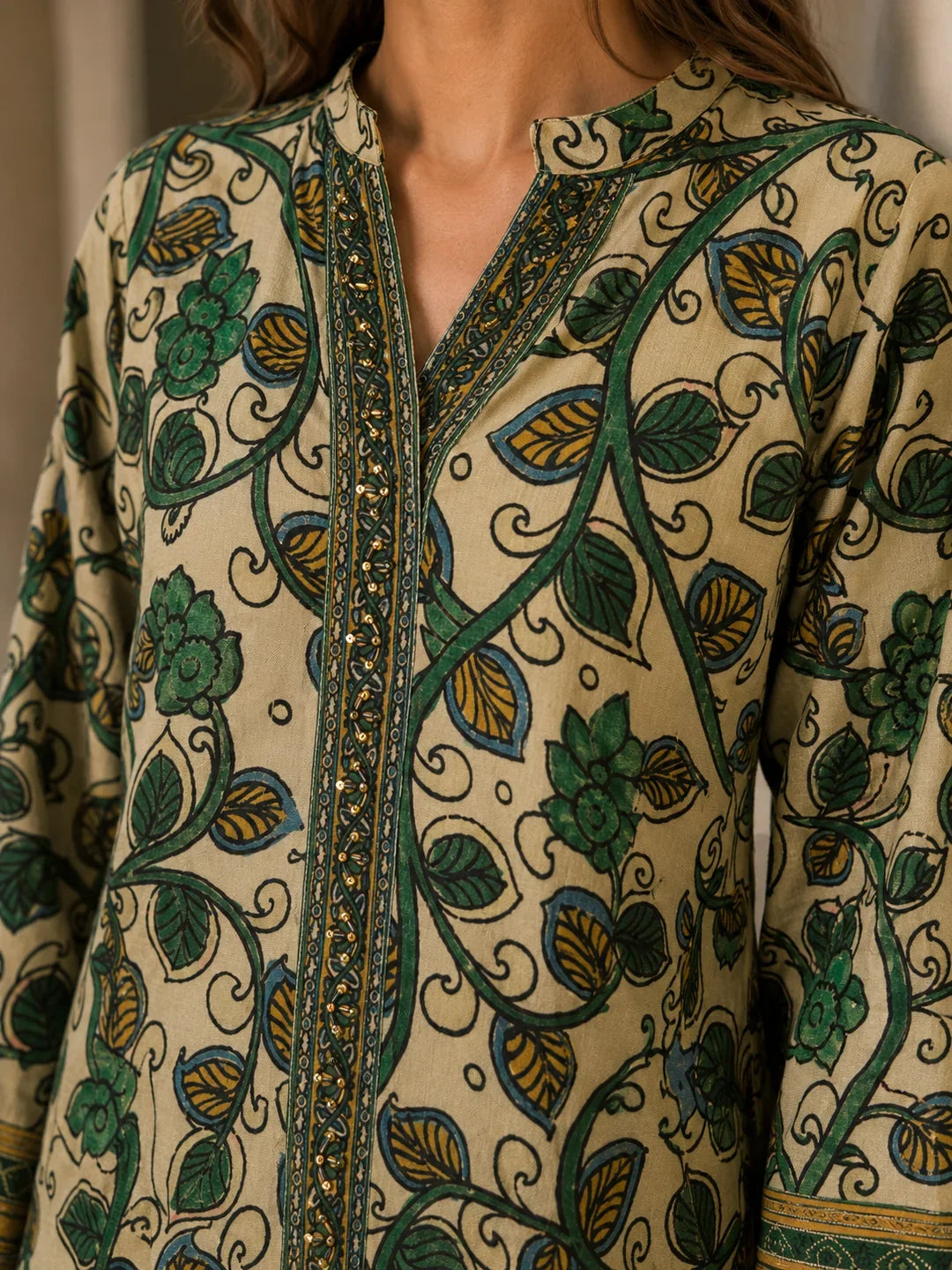 Beige and Green Printed with Sequin Embroidery Co-Ord Set in Muslin