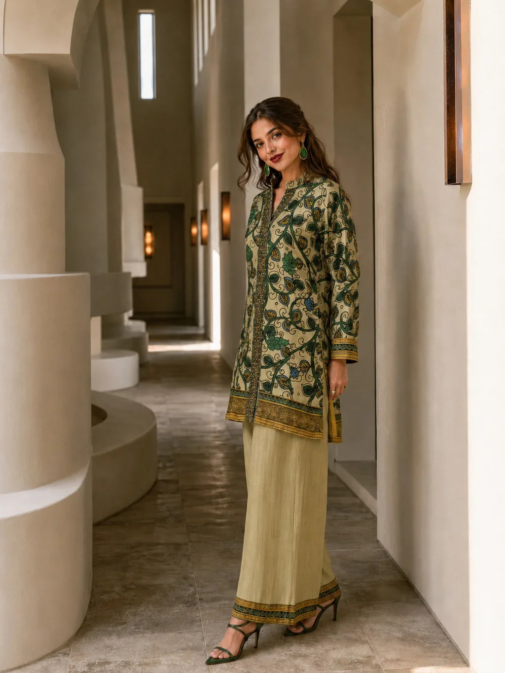 Beige and Green Printed with Sequin Embroidery Co-Ord Set in Muslin
