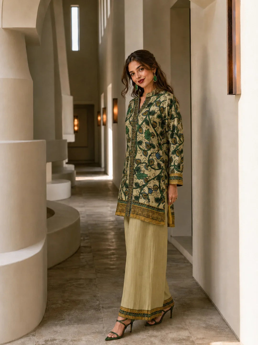 Beige and Green Printed with Sequin Embroidery Co-Ord Set in Muslin