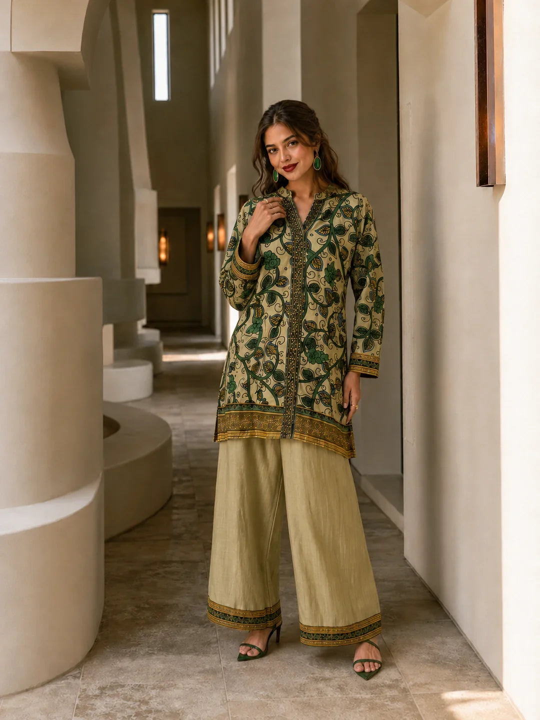 Beige and Green Printed with Sequin Embroidery Co-Ord Set in Muslin