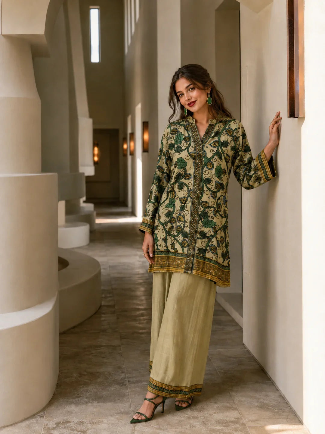 Beige and Green Printed with Sequin Embroidery Co-Ord Set in Muslin