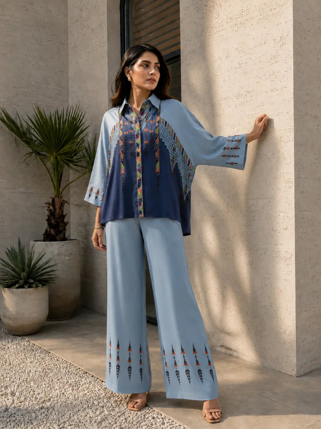 Blue Dual Color Oversized Fit Shirt Printed Co-ord Set in Muslin