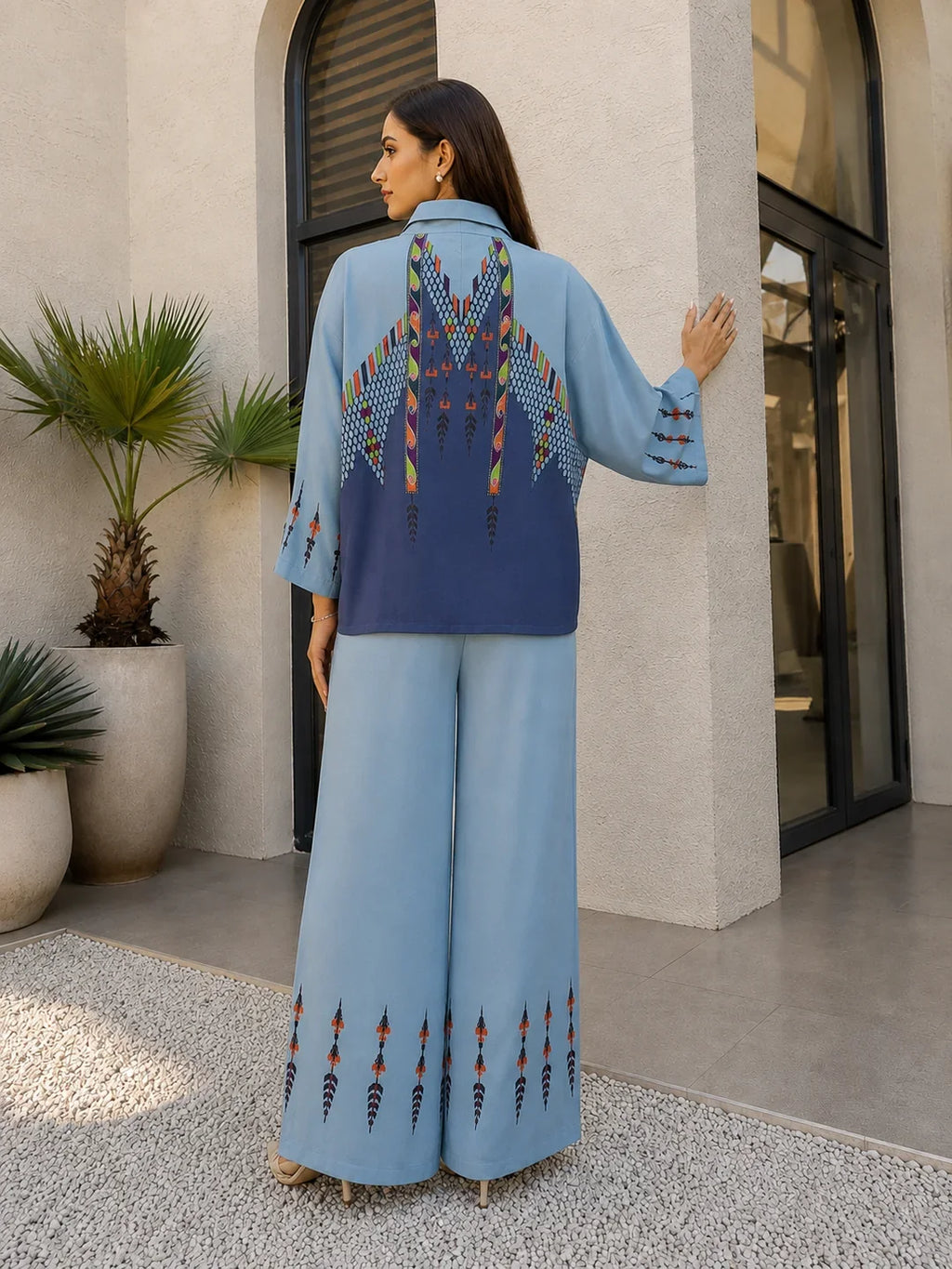 Blue Dual Color Oversized Fit Shirt Printed Co-ord Set in Muslin
