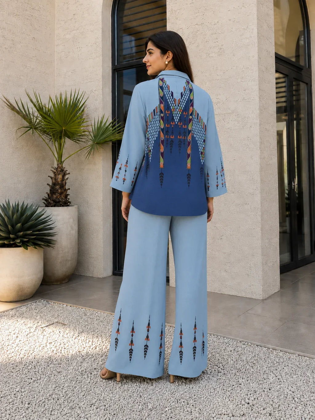 Blue Dual Color Oversized Fit Shirt Printed Co-ord Set in Muslin