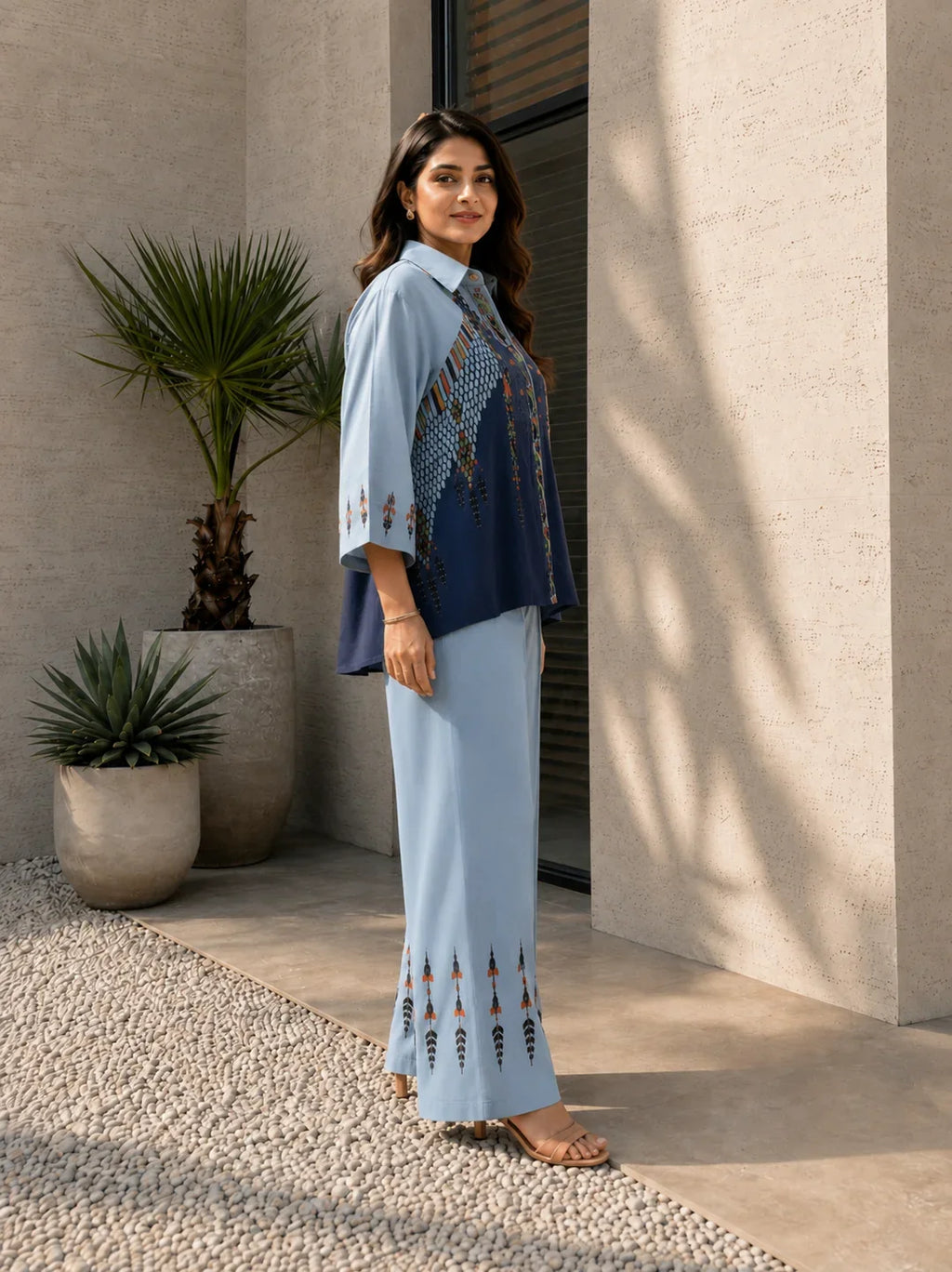 Blue Dual Color Oversized Fit Shirt Printed Co-ord Set in Muslin