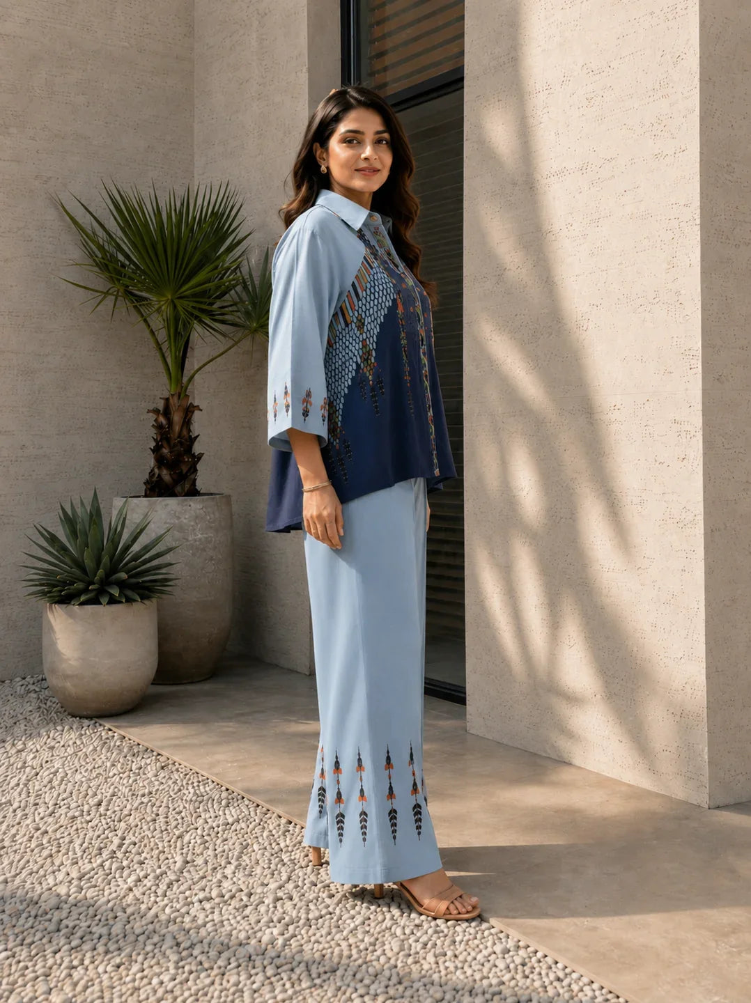 Blue Dual Color Oversized Fit Shirt Printed Co-ord Set in Muslin