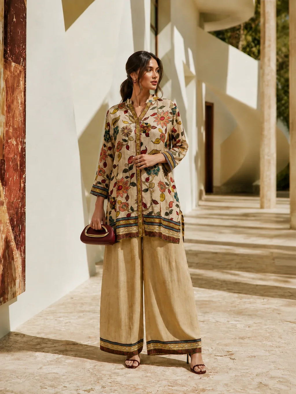 Light Peach Printed with Sequin Embroidery Co-Ord Set in Muslin