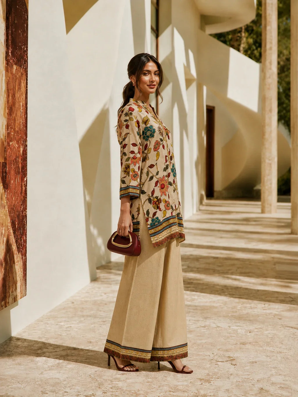 Light Peach Printed with Sequin Embroidery Co-Ord Set in Muslin