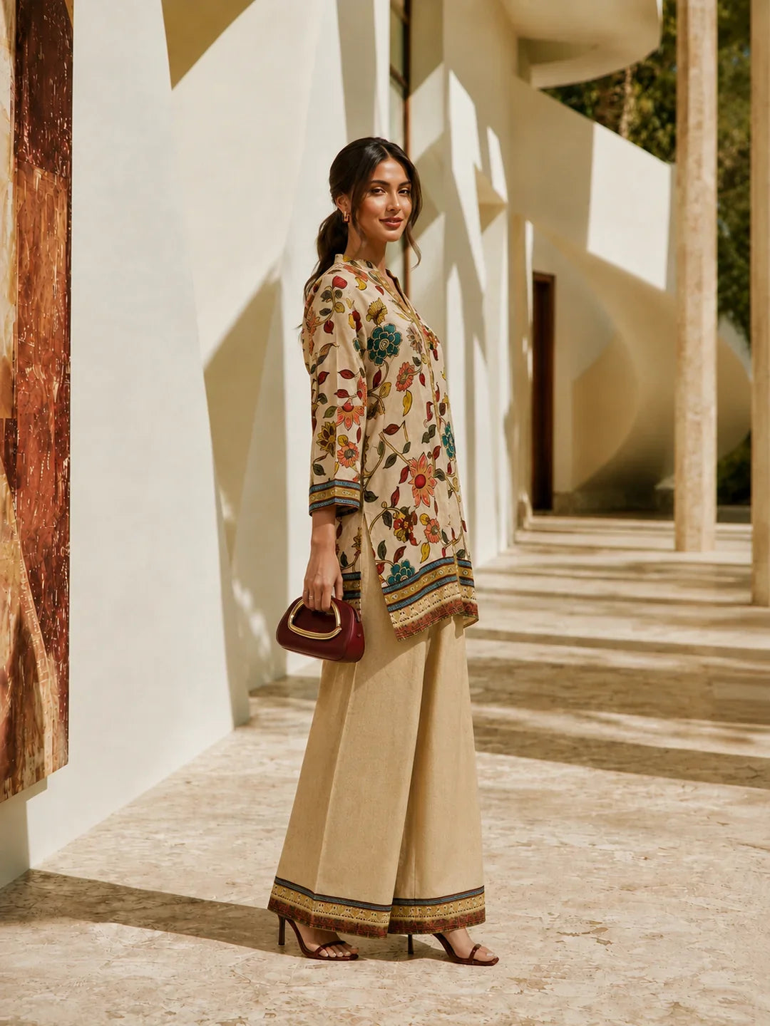 Light Peach Printed with Sequin Embroidery Co-Ord Set in Muslin