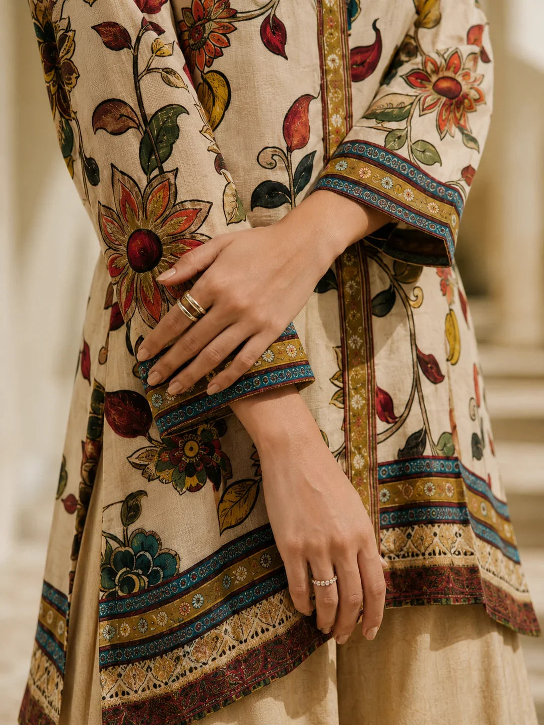 Light Peach Printed with Sequin Embroidery Co-Ord Set in Muslin