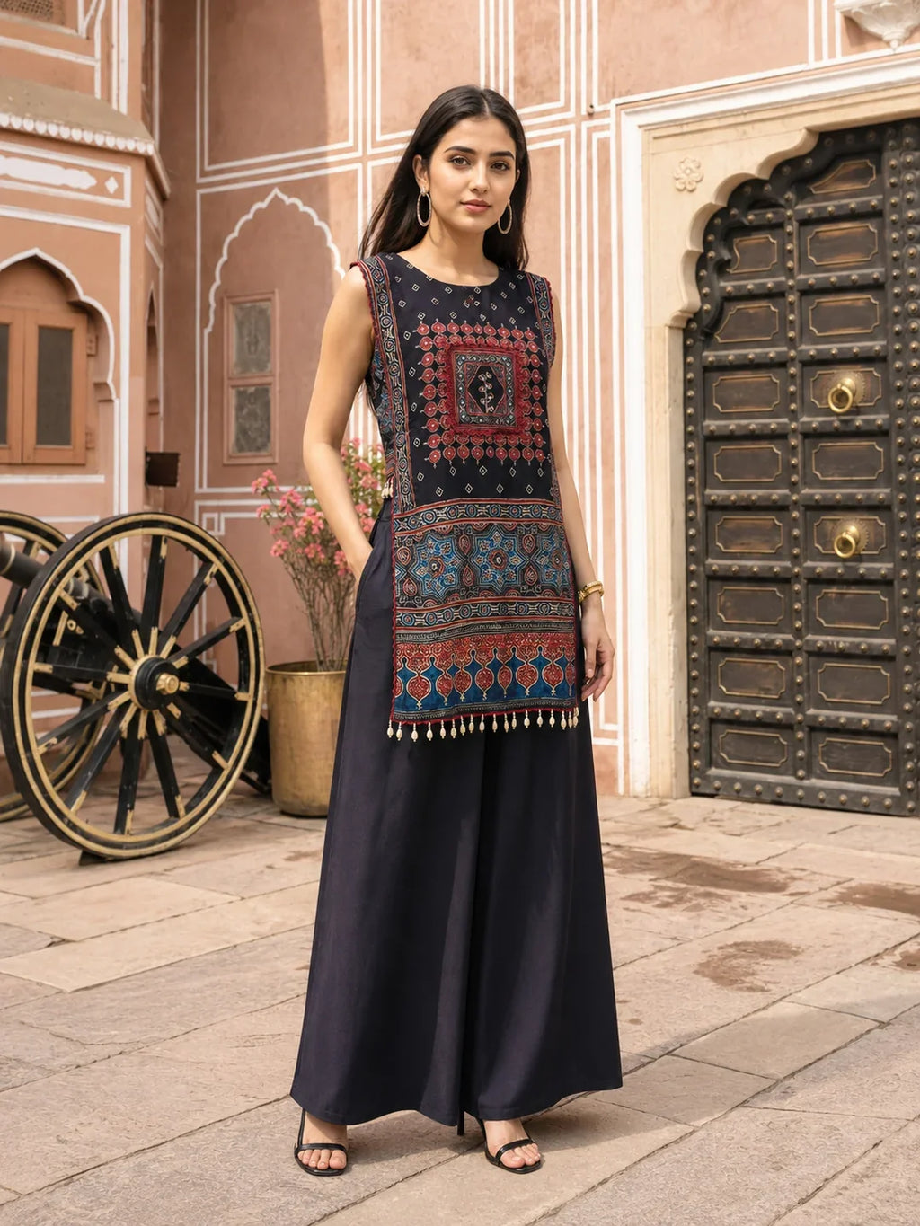 Black & Red Printed Sleeveless Kurta Set Solid Palazzo in Muslin