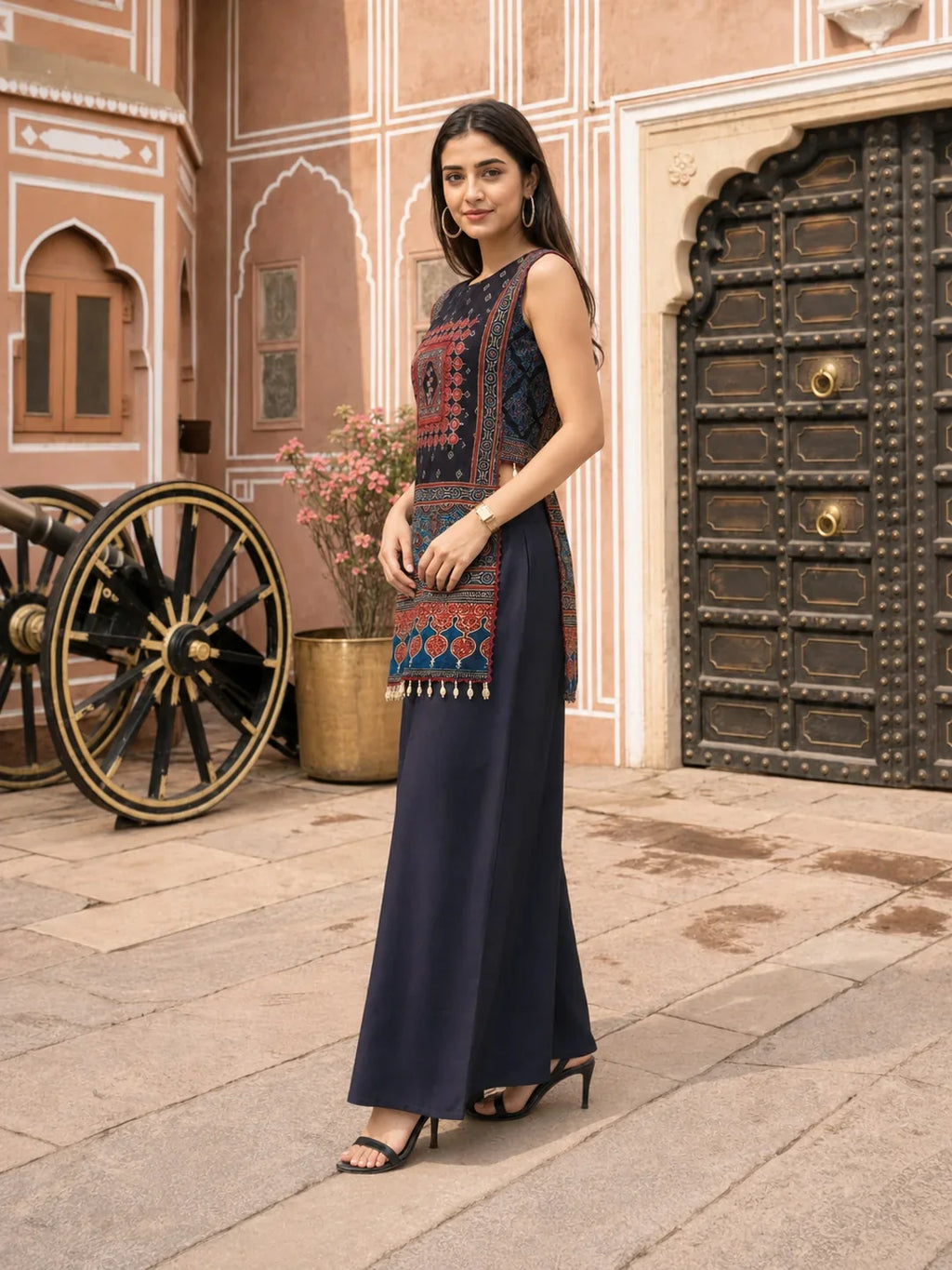 Black & Red Printed Sleeveless Kurta Set Solid Palazzo in Muslin