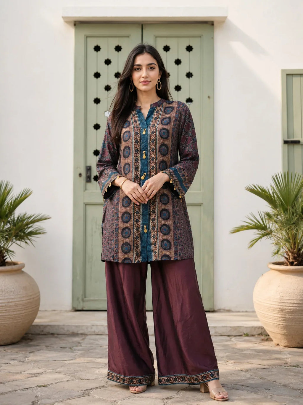 Brown Multi-Print Co-ord Set with Mandarin Collar in Muslin