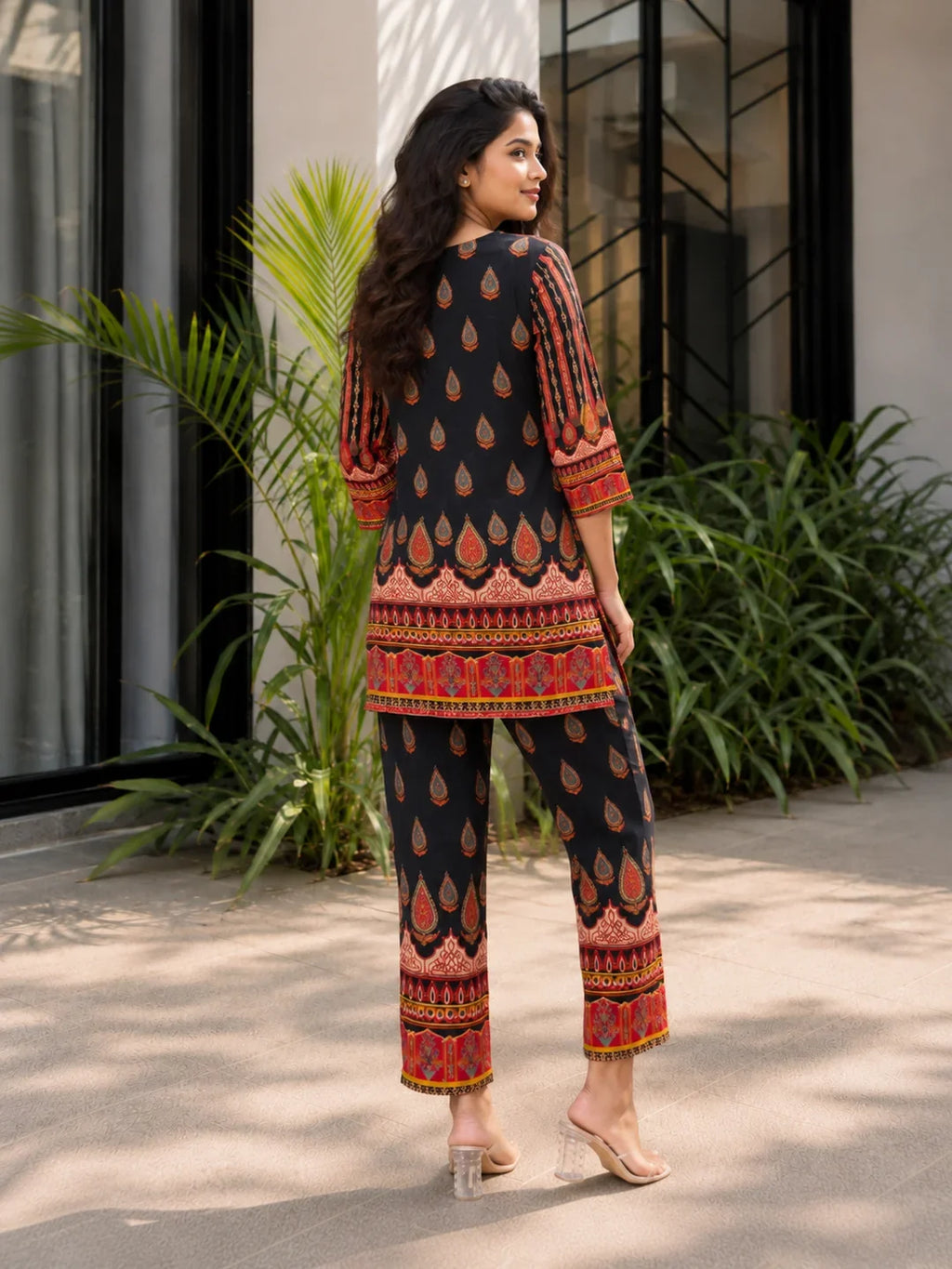 Black Ethnic Multicolor Printed & Embellished Co-ord Set in Crepe