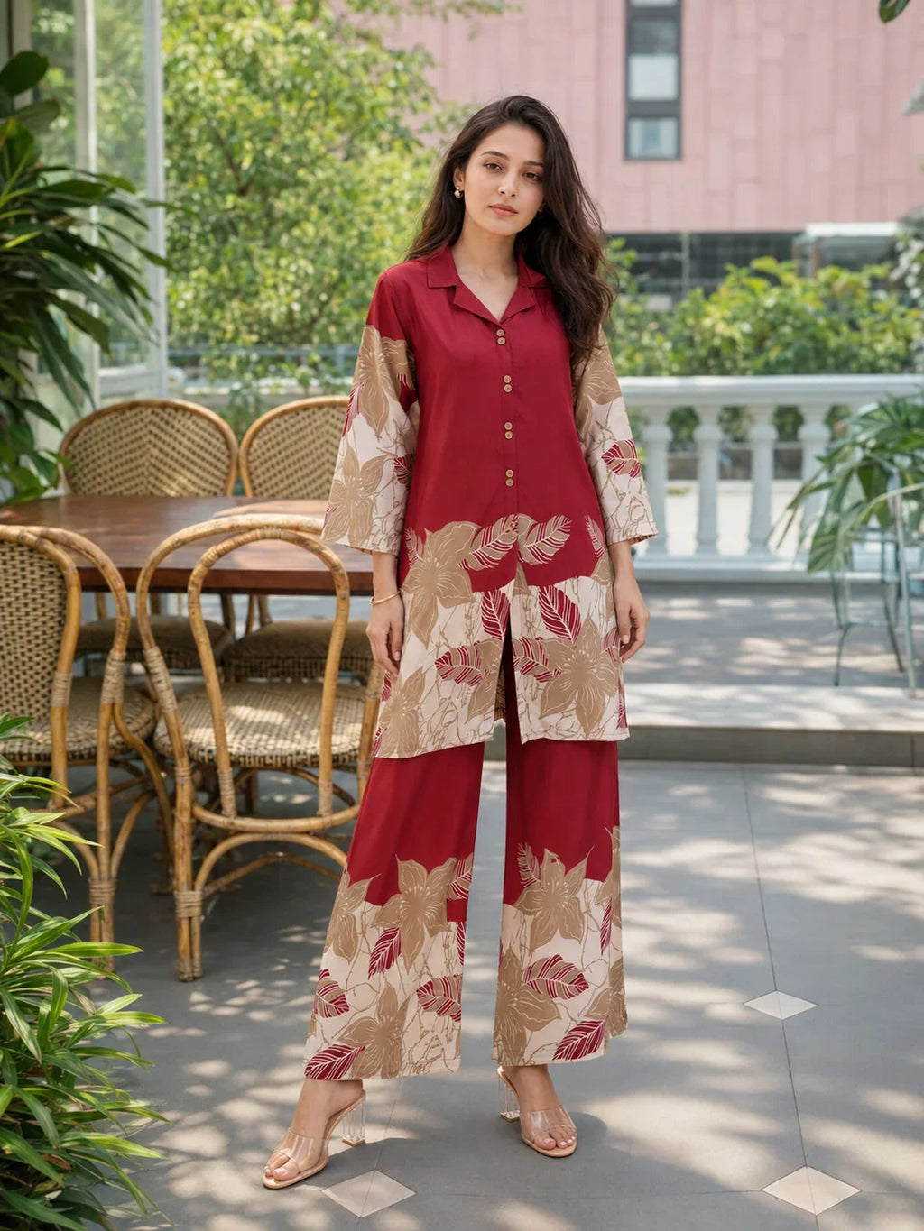 Maroon Bold Floral Printed Russian Silk Co-ord Set