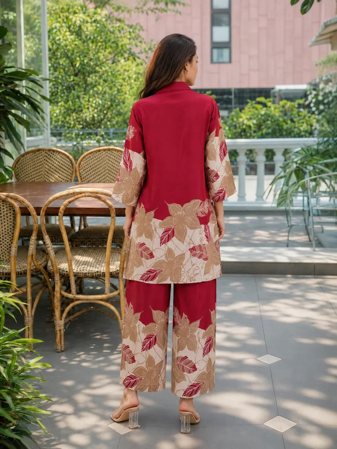 Maroon Bold Floral Printed Russian Silk Co-ord Set