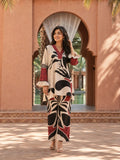 Cream Base Bold Placement Printed V-Neck Co-Ord Set in Muslin