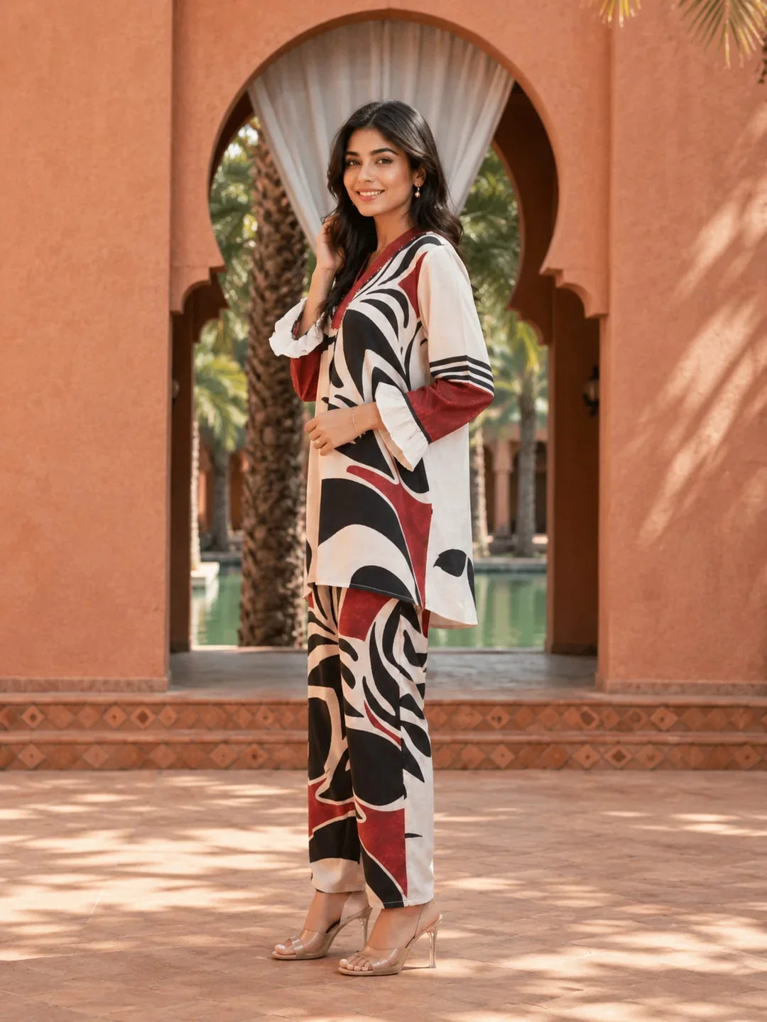 Cream Base Bold Placement Printed V-Neck Co-Ord Set in Muslin