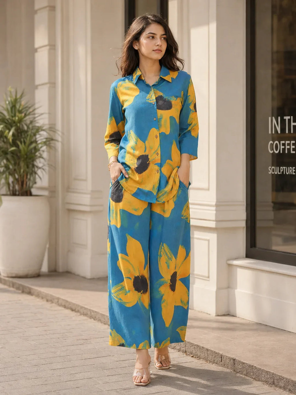 Sunflower Motif Shirt Collar Co-ord Set in Cotton Cambric