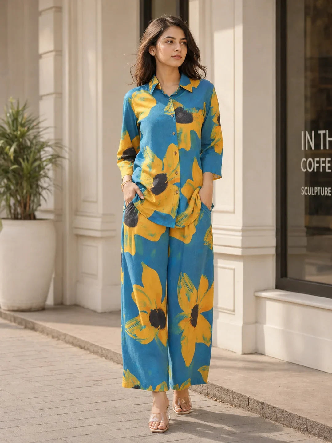 Sunflower Motif Shirt Collar Co-ord Set in Cotton Cambric