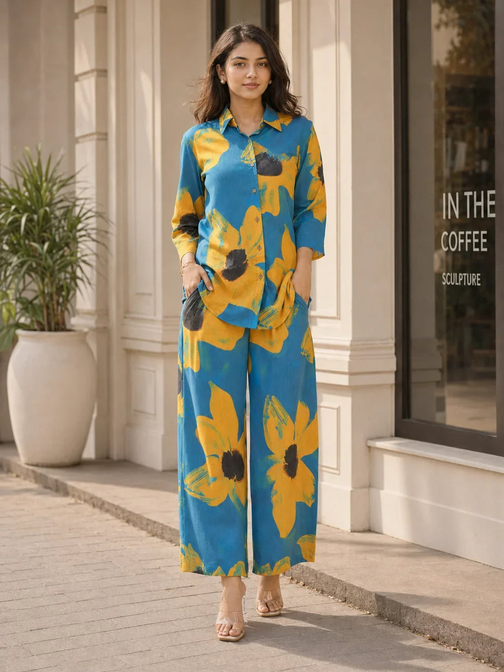 Sunflower Motif Shirt Collar Co-ord Set in Cotton Cambric