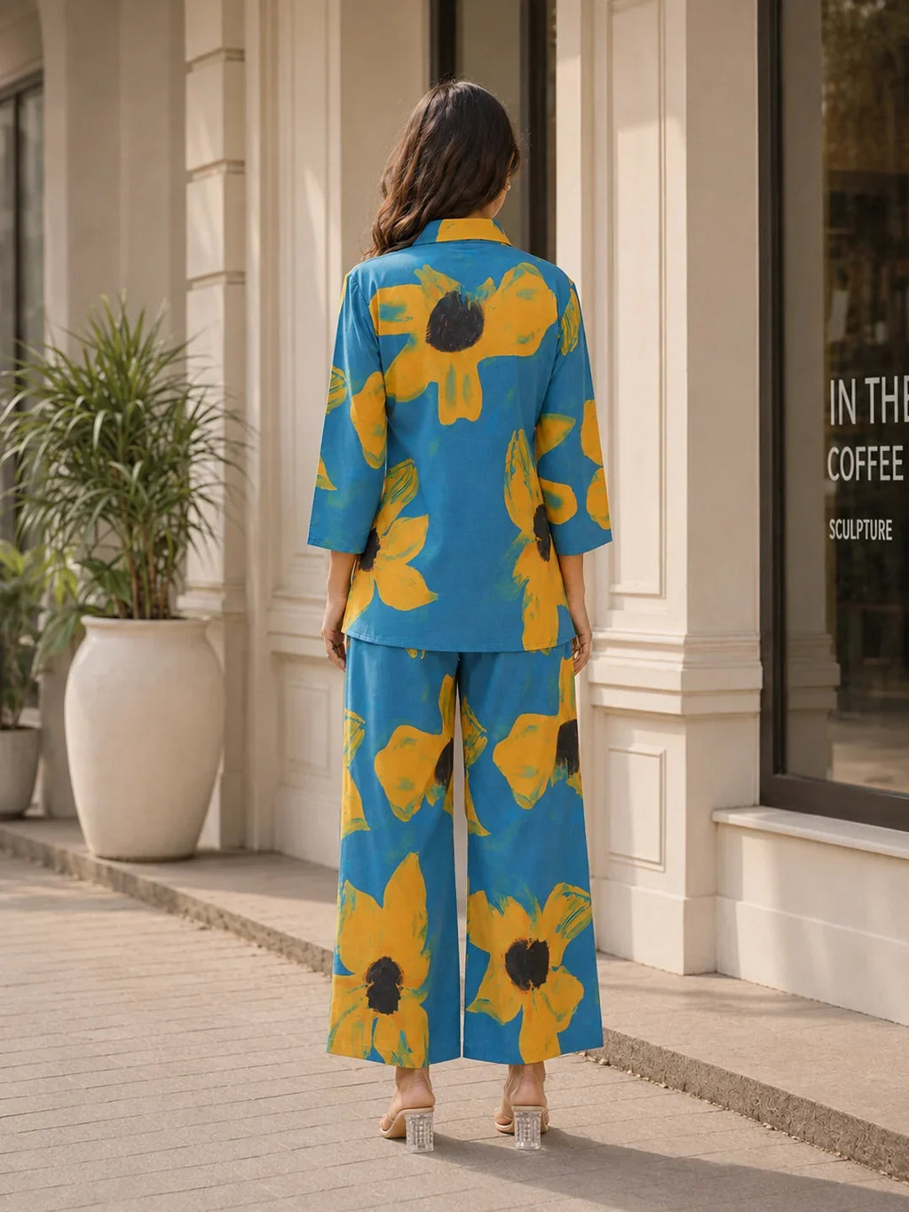 Sunflower Motif Shirt Collar Co-ord Set in Cotton Cambric