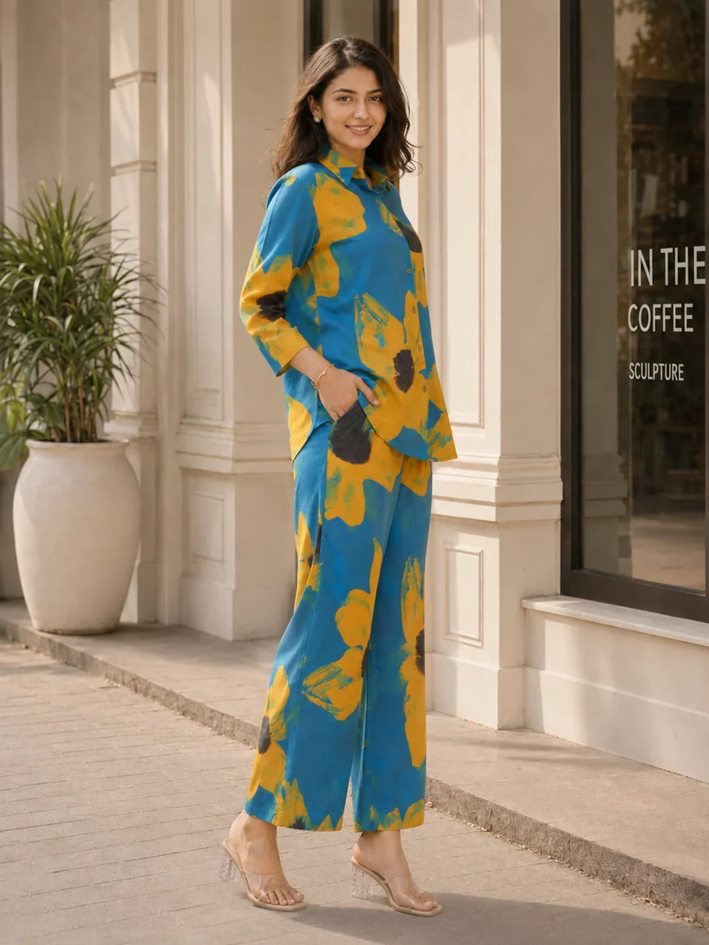 Sunflower Motif Shirt Collar Co-ord Set in Cotton Cambric