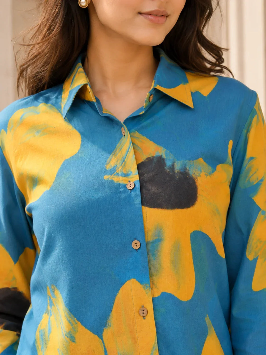 Sunflower Motif Shirt Collar Co-ord Set in Cotton Cambric