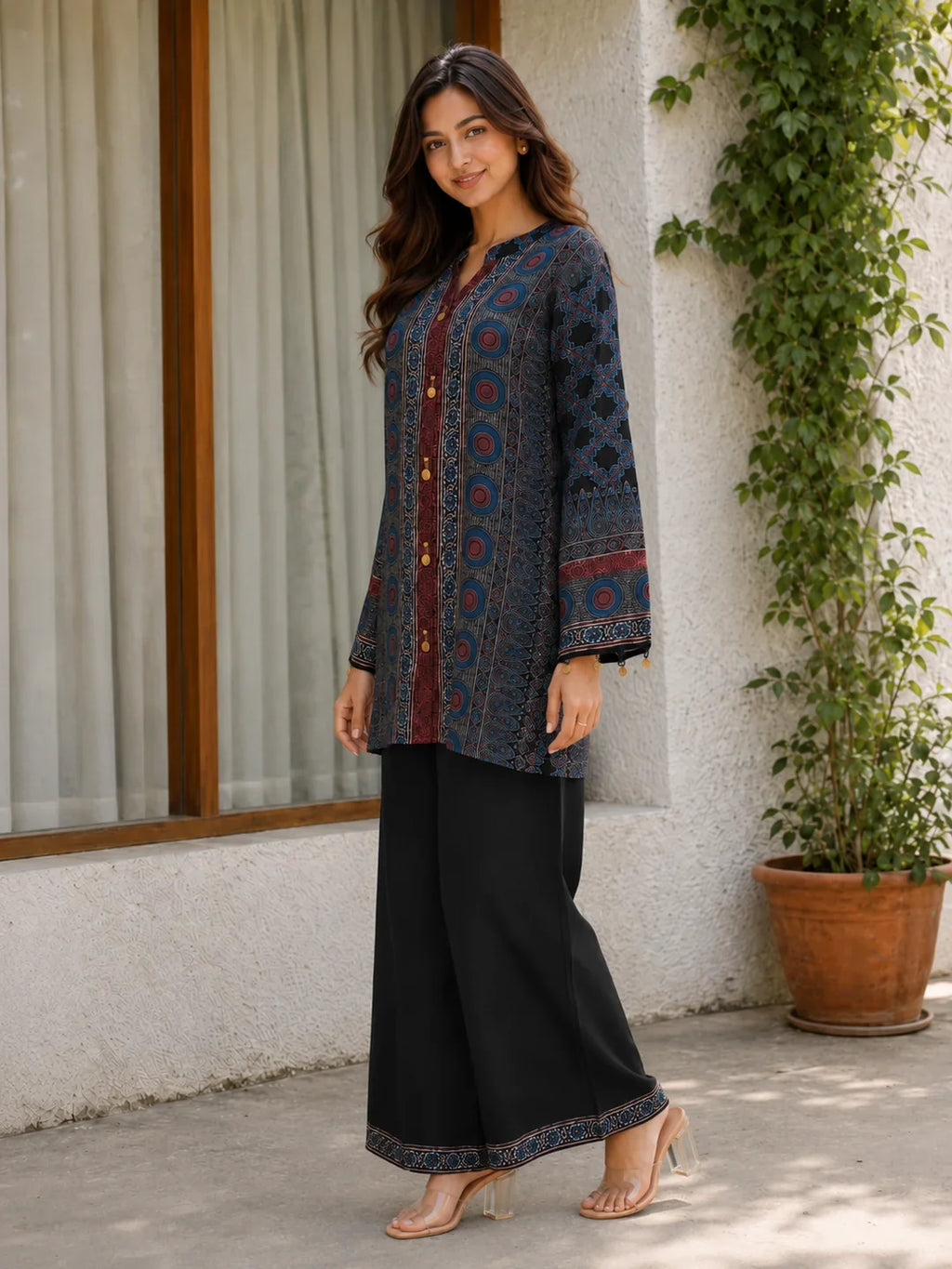 Navy Blue Multiprint Coord Set in Muslin