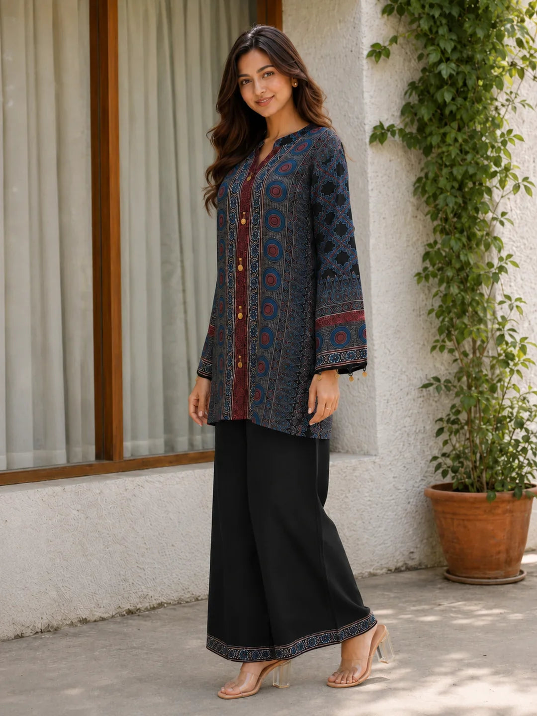 Navy Blue Multiprint Coord Set in Muslin