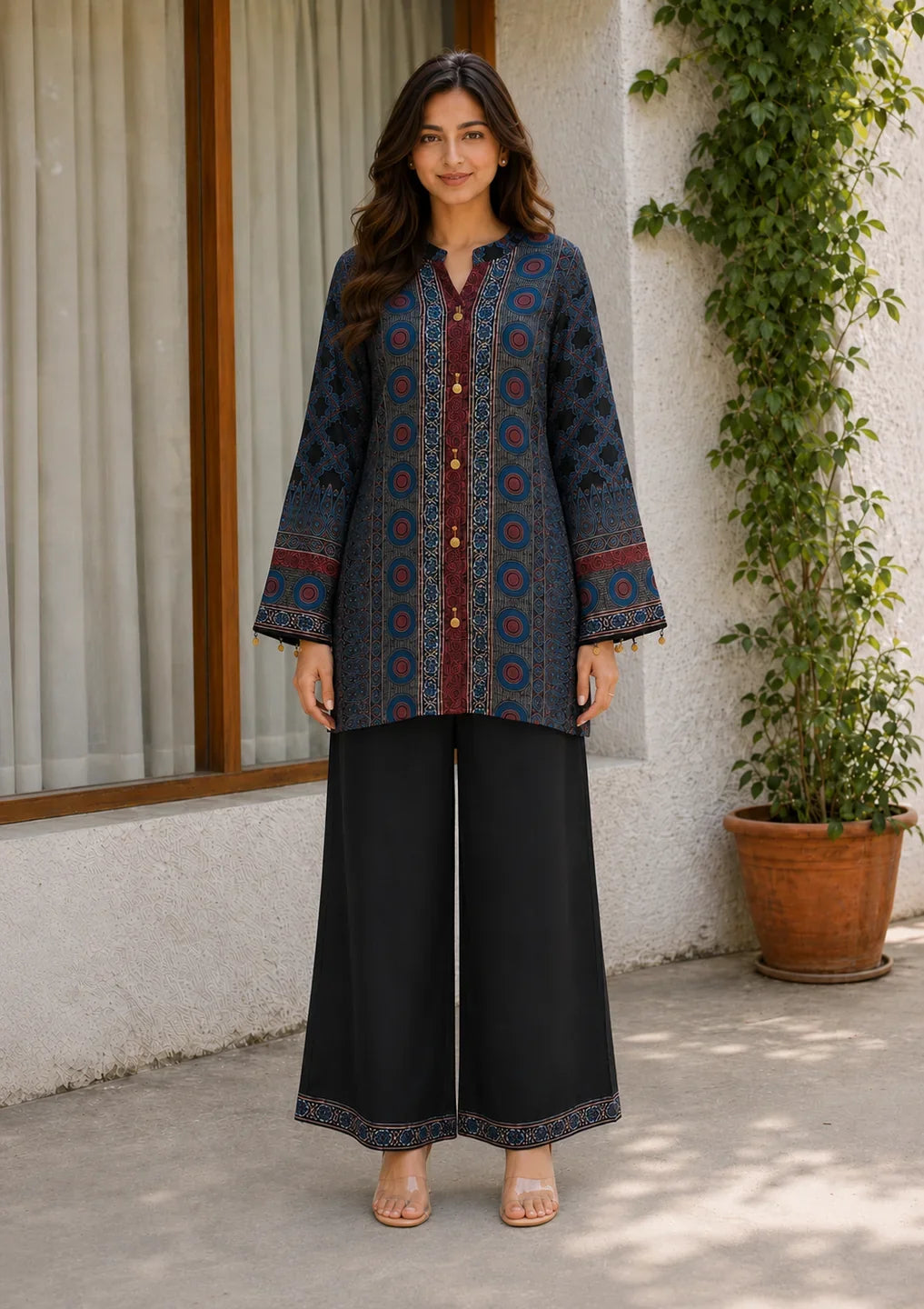 Navy Blue Multiprint Coord Set in Muslin