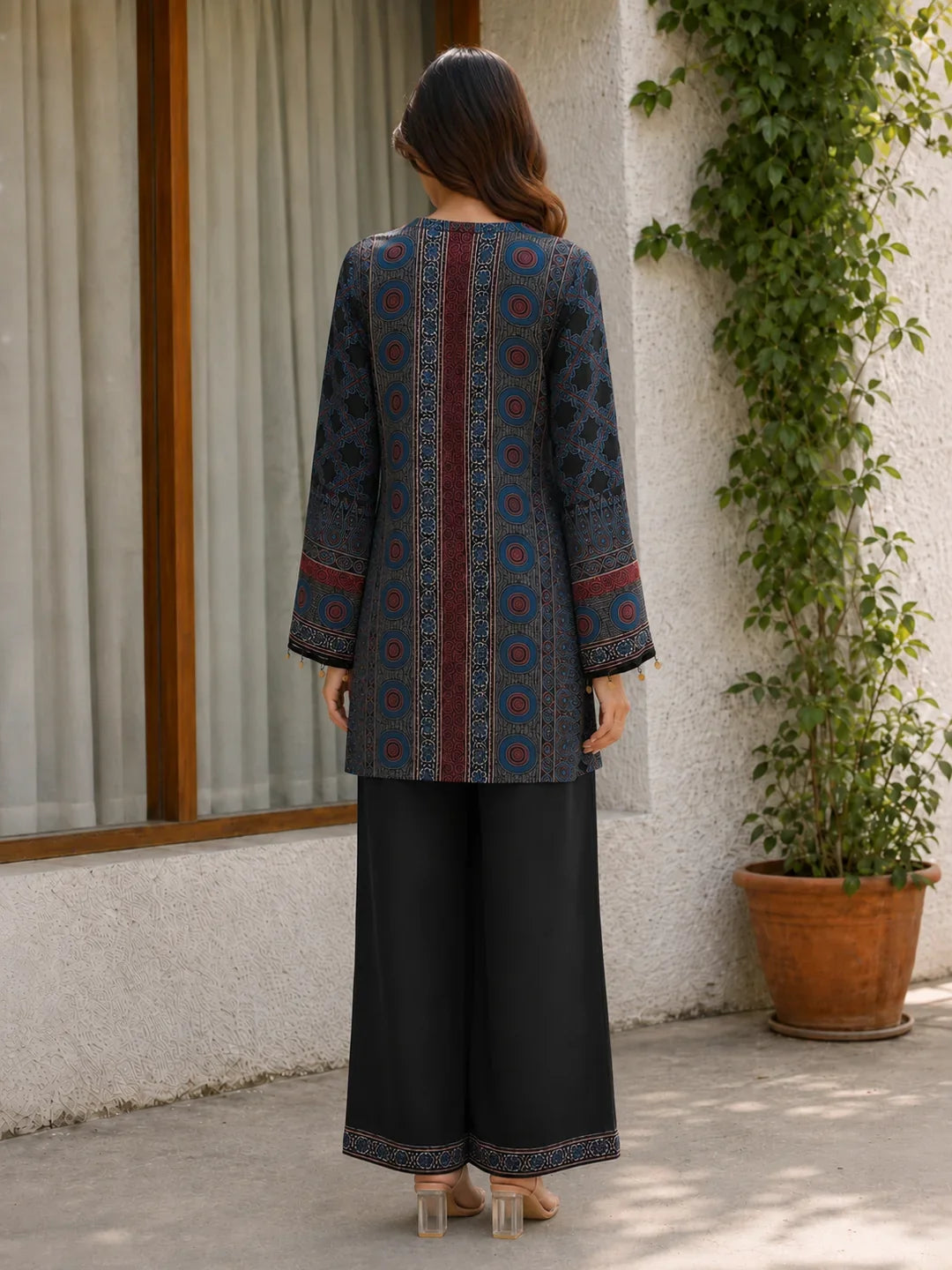 Navy Blue Multiprint Coord Set in Muslin