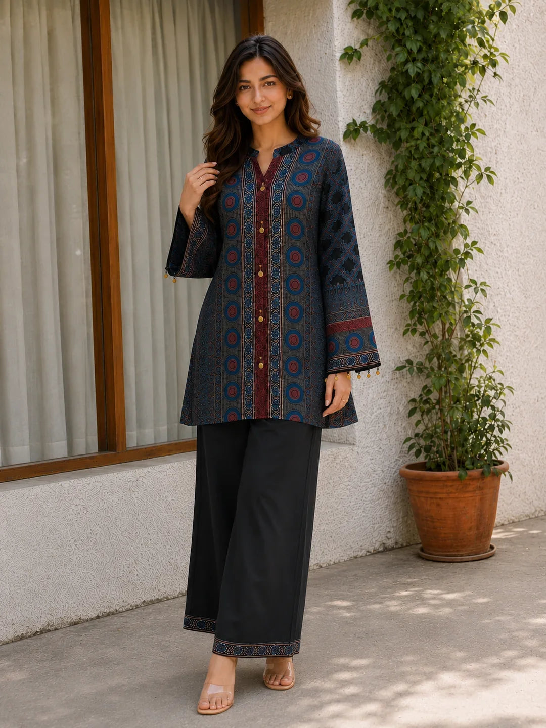 Navy Blue Multiprint Coord Set in Muslin