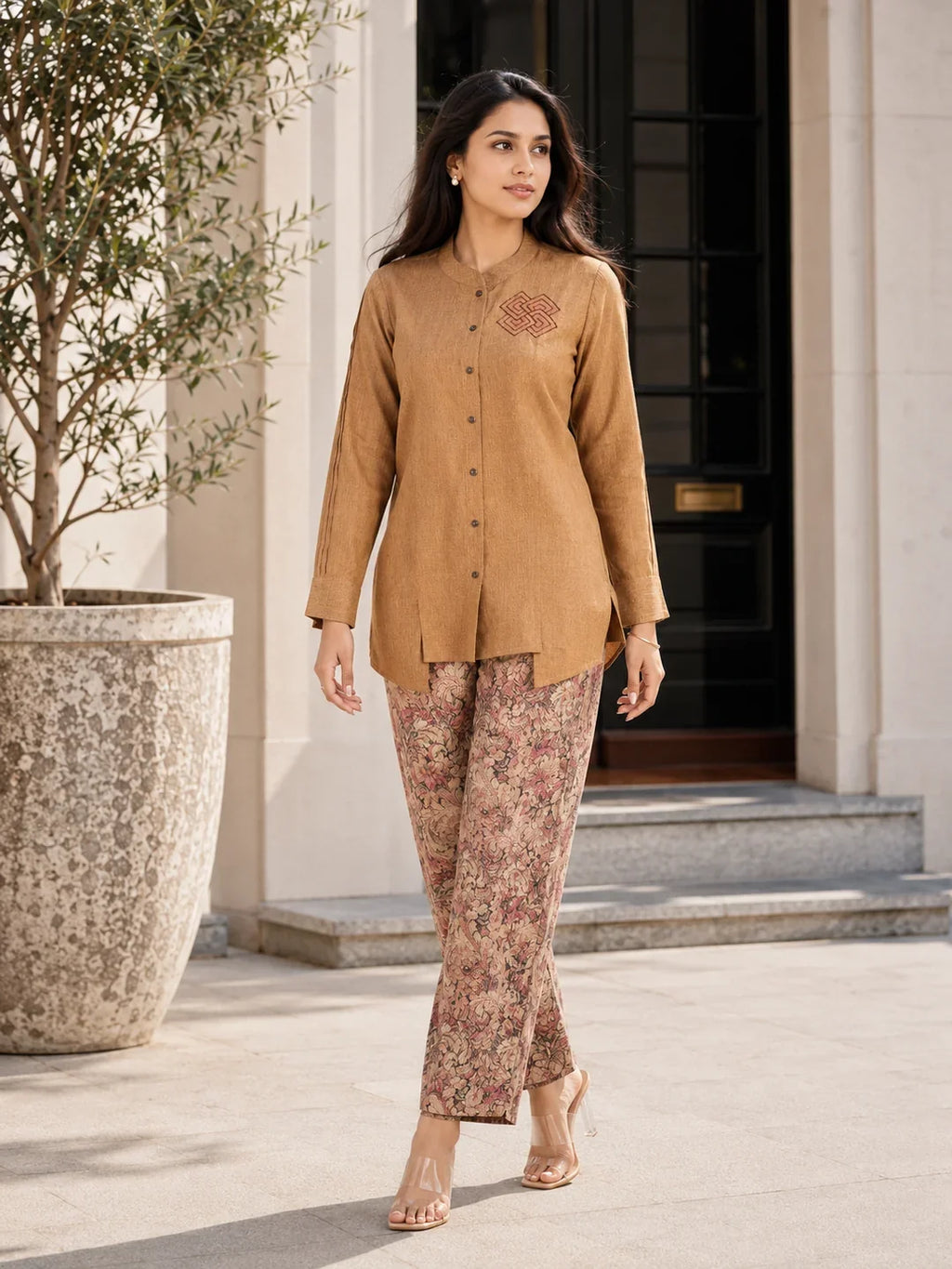 Mustard  Embroidered  Linen Cotton Blend Co-Ord Set