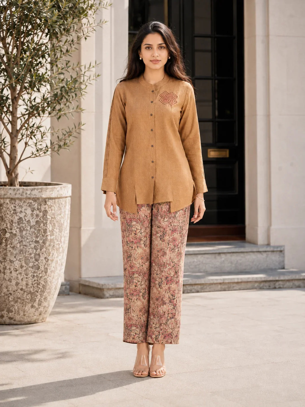 Mustard  Embroidered  Linen Cotton Blend Co-Ord Set