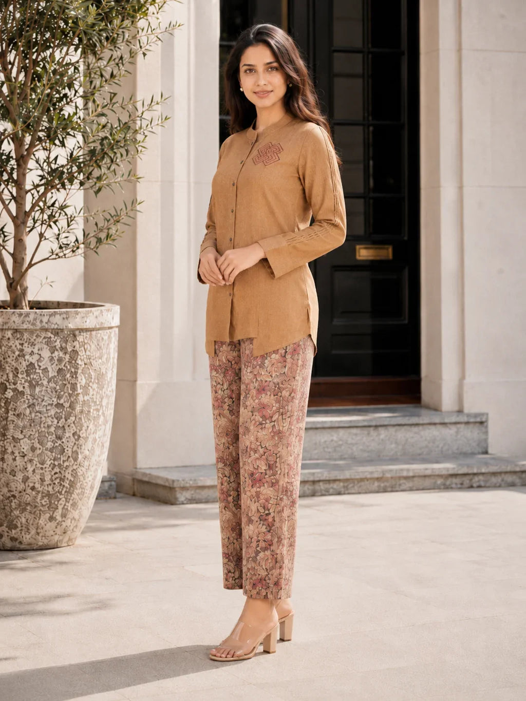 Mustard  Embroidered  Linen Cotton Blend Co-Ord Set