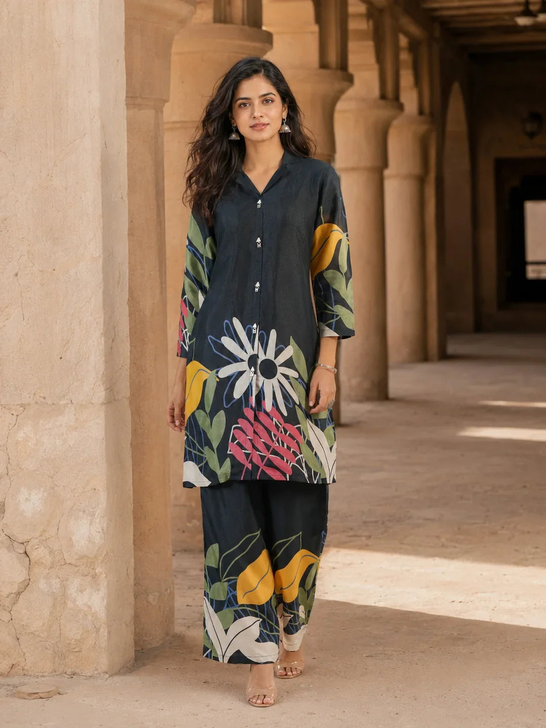 Navy Blue Bold Floral Printed Co-Ord Set in Russian Silk